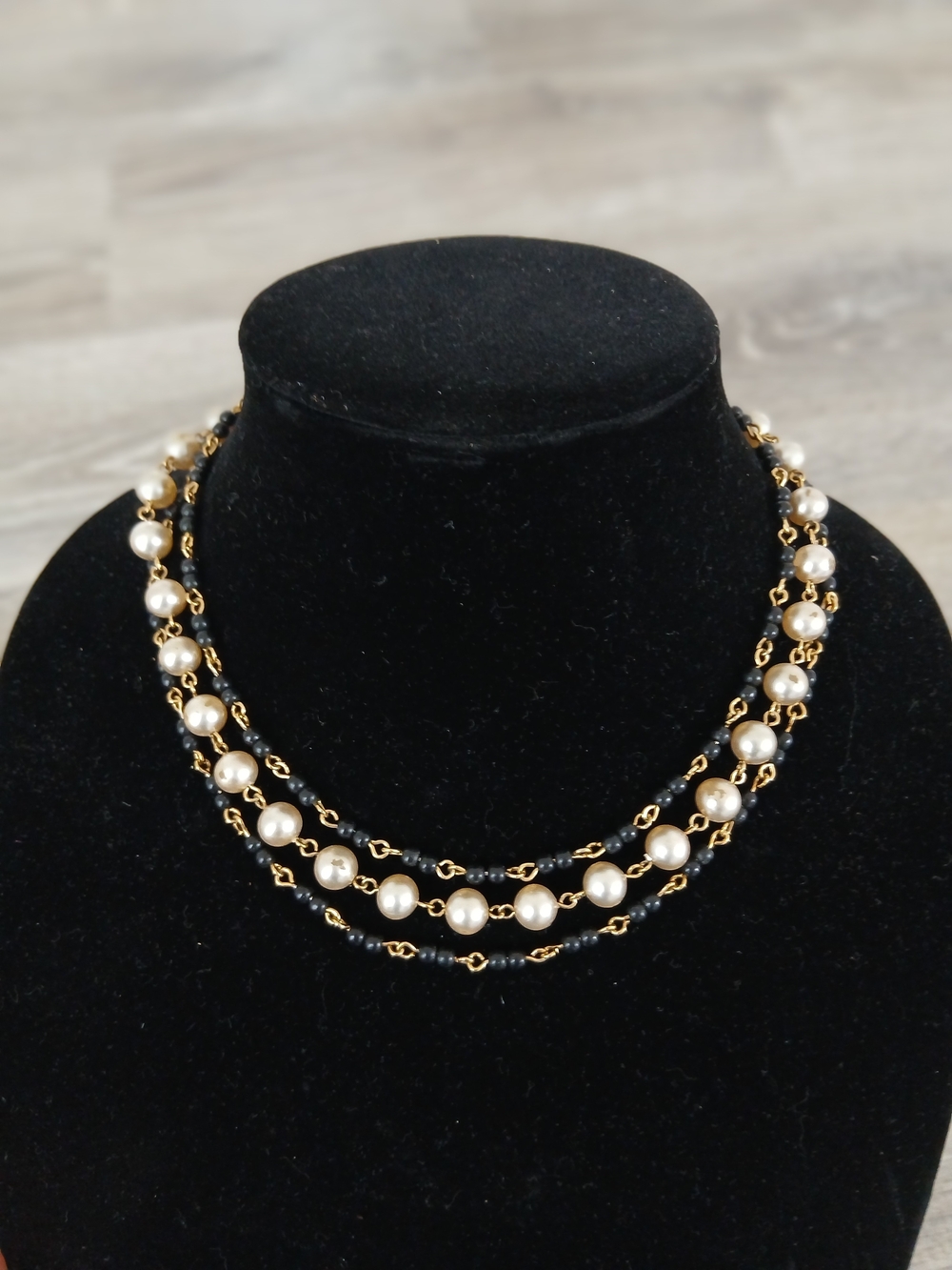 Gold Chain Pearl and Black Bead Layered Necklace Vintage